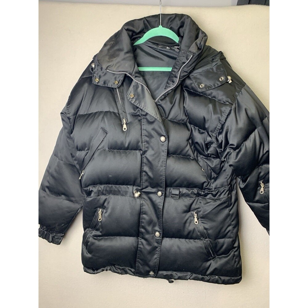 Black Bear Jacket Men Black Puffer Winter Goose Down Zip & Snap Vintage Hooded